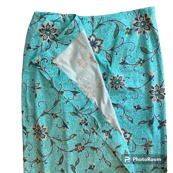 Talbots Stretch Cotton Maxi Wrap Skirt Turquoise Tropical Floral Size 12 NWOT - Picture 3 of 11